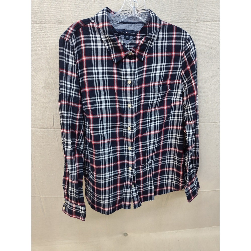 Tommy Hilfiger Men Large Plaid Button Down Shirt Navy Blue Red White Long Sleeve
